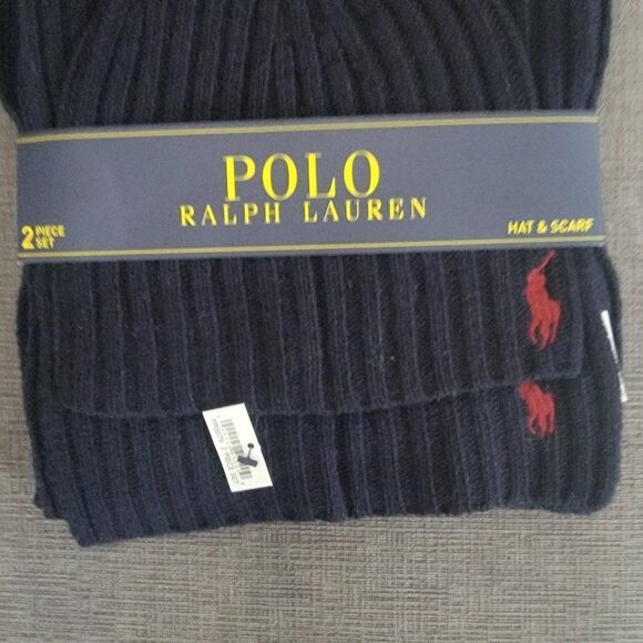 Polo Ralph Lauren Men's Navy 2 Piece Set Hat & Scarf Lambswool Blend One size - Picture 4 of 6